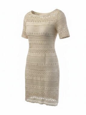 Crochet Lace Short Sleeve Sheath Dress in Beige || Size S